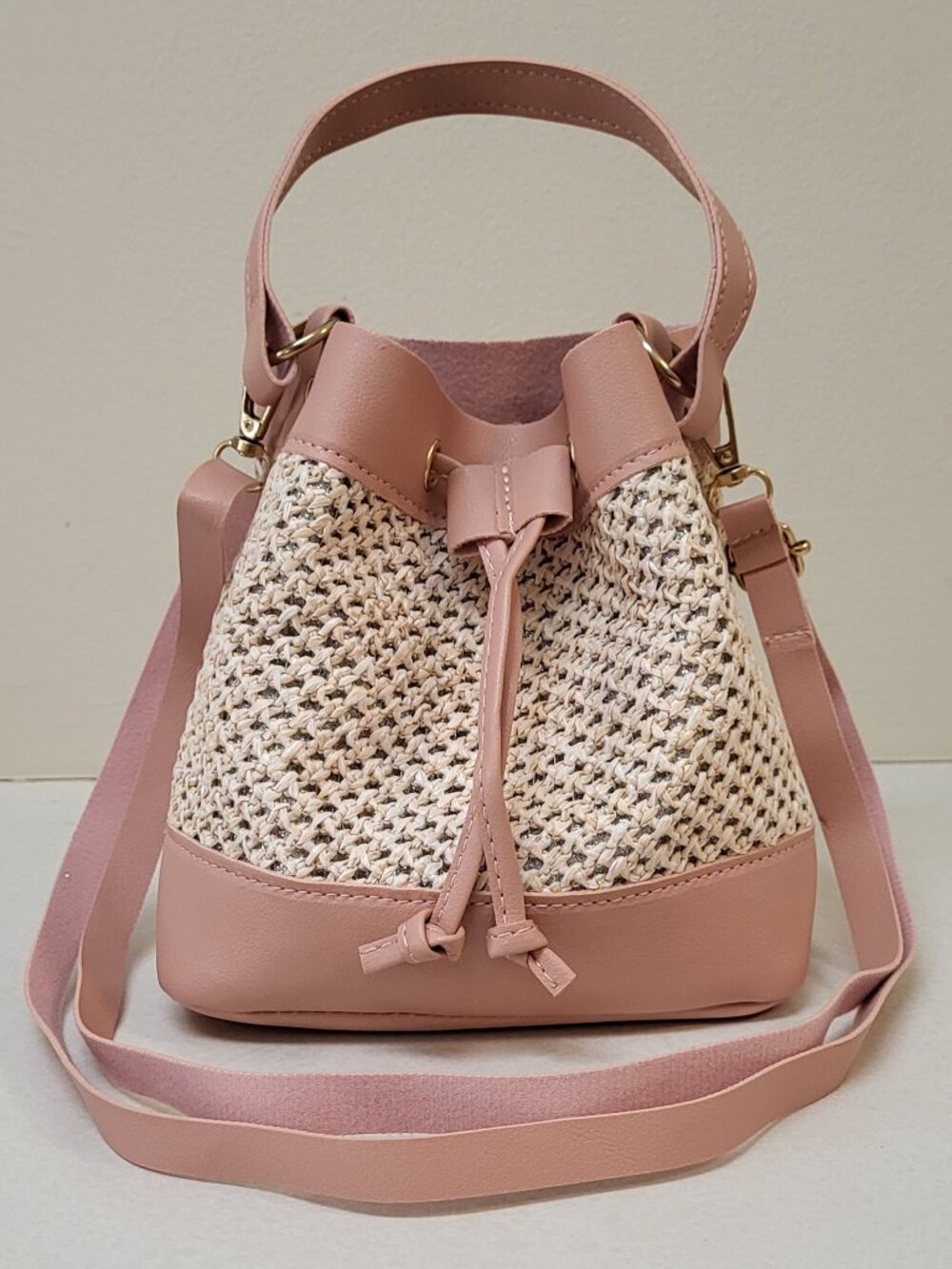 Vintage Pink Vegan Leather Woven Drawstring Shoulder Crossbody Bag Mini Purse
